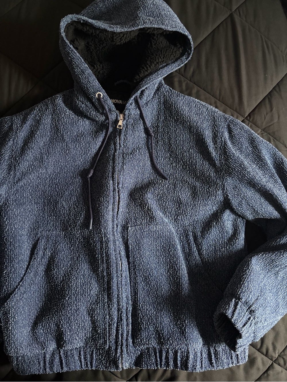 Navy Hooded Sherpa-Lined Zip Sweater